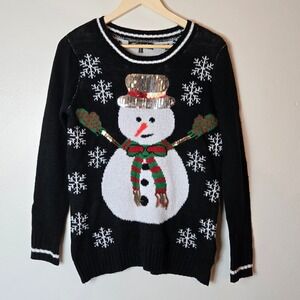 Absolutely Famous Womens Snowman Sequin Ugly Christmas Sweater‎ Black Small